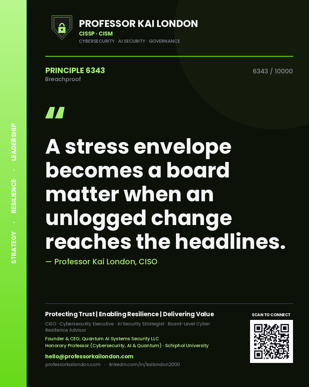Quote card by Professor Kai London reading 'A stress envelope becomes a board matter when an unlogged change reaches the headlines.'. From the book Breachproof.