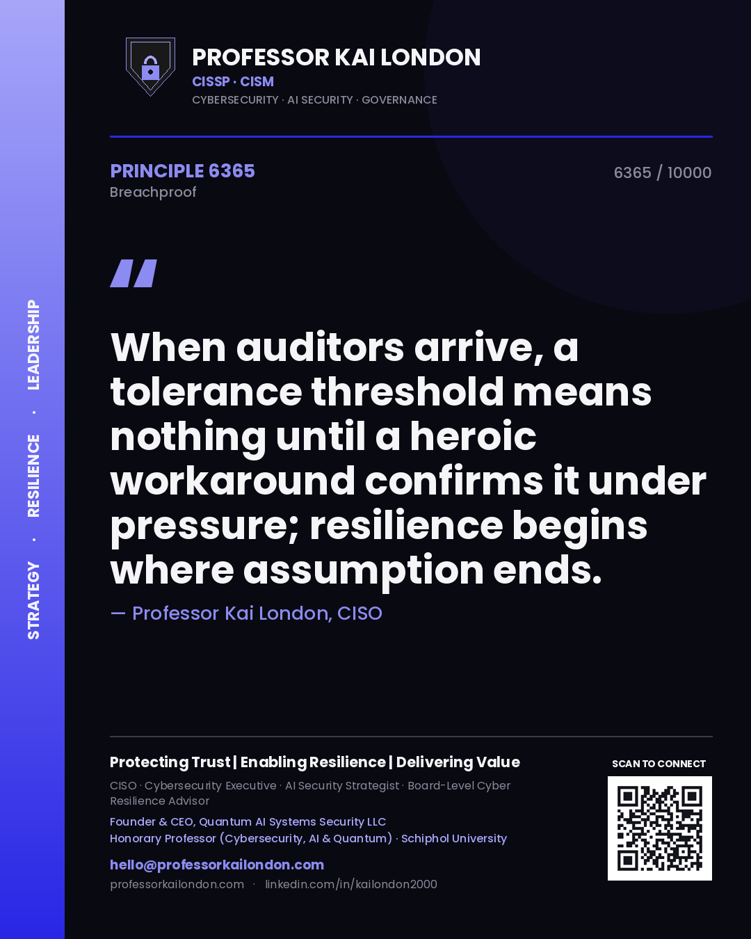 Quote card by Professor Kai London reading 'When auditors arrive, a tolerance threshold means nothing until a heroic workaround confirms it under pressure; resilience begins where assumption ends.'. From the book Breachproof.