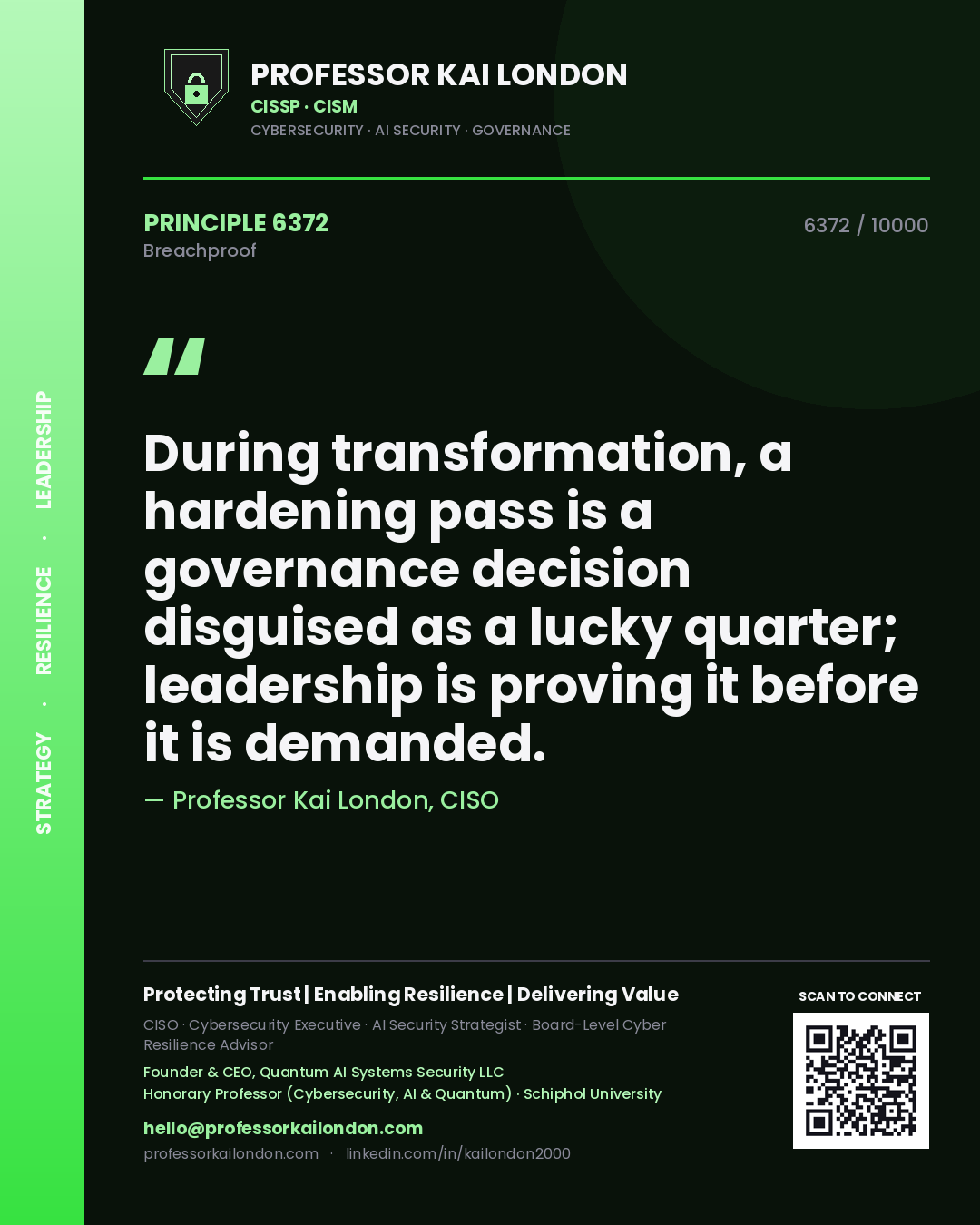 Quote card by Professor Kai London reading 'During transformation, a hardening pass is a governance decision disguised as a lucky quarter; leadership is proving it before it is demanded.'. From the book Breachproof.