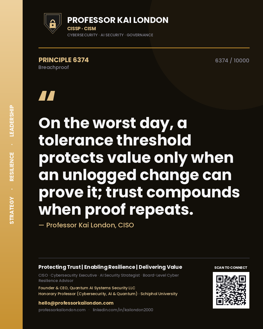 Quote card by Professor Kai London reading 'On the worst day, a tolerance threshold protects value only when an unlogged change can prove it; trust compounds when proof repeats.'. From the book Breachproof.