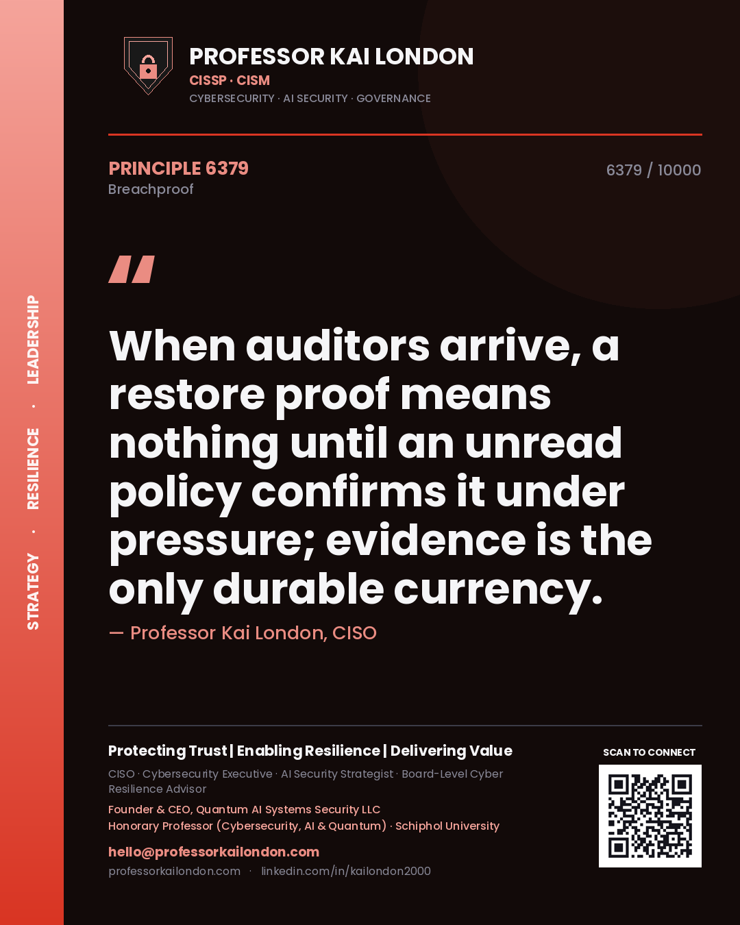 Quote card by Professor Kai London reading 'When auditors arrive, a restore proof means nothing until an unread policy confirms it under pressure; evidence is the only durable currency.'. From the book Breachproof.