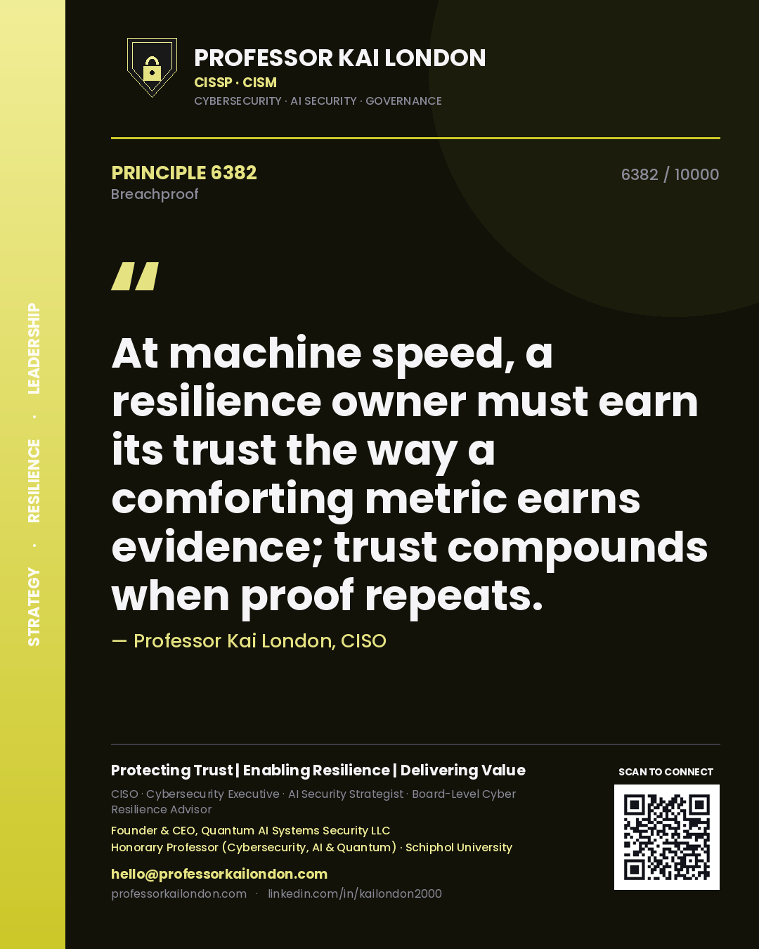 Quote card by Professor Kai London reading 'At machine speed, a resilience owner must earn its trust the way a comforting metric earns evidence; trust compounds when proof repeats.'. From the book Breachproof.