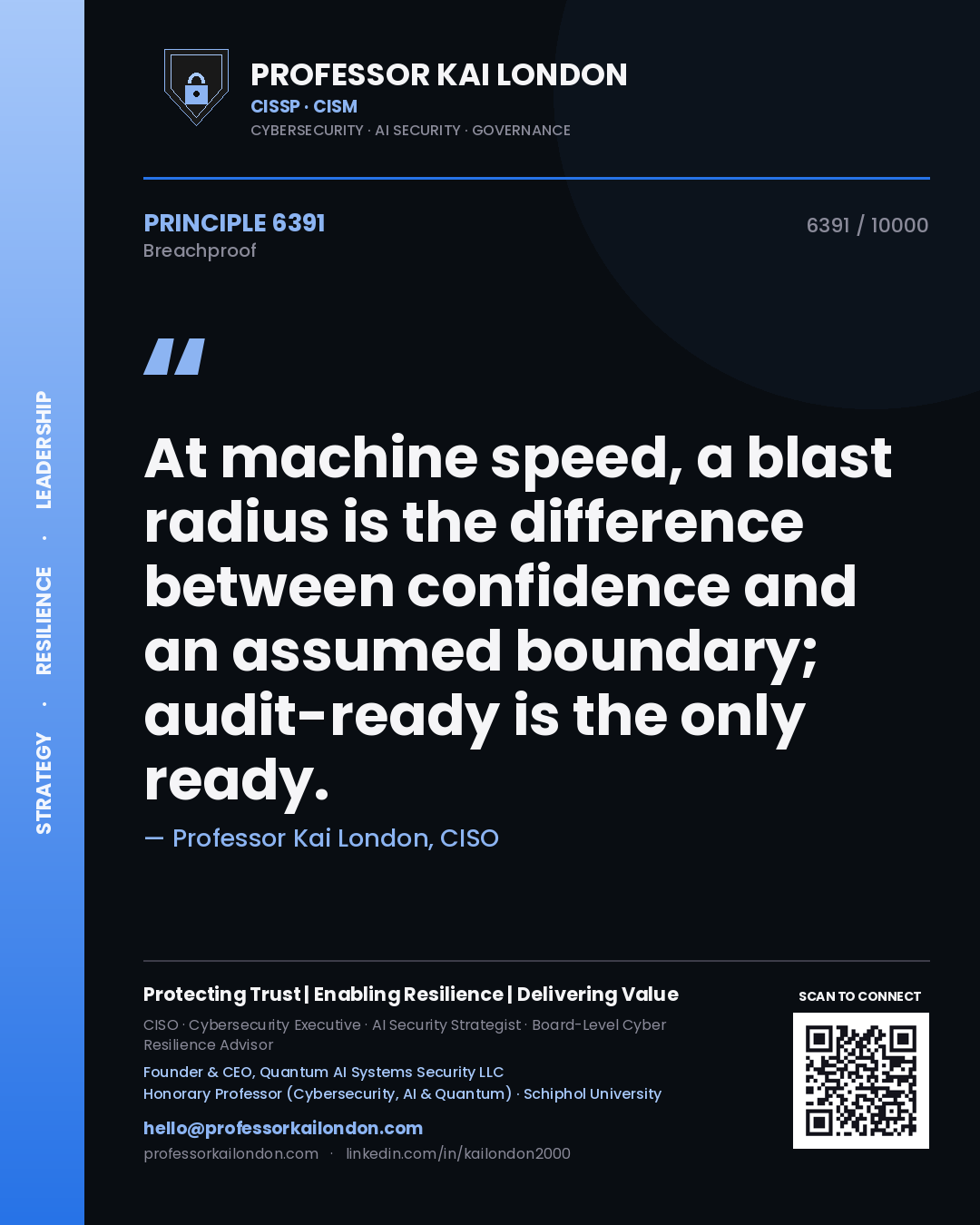 Quote card by Professor Kai London reading 'At machine speed, a blast radius is the difference between confidence and an assumed boundary; audit-ready is the only ready.'. From the book Breachproof.