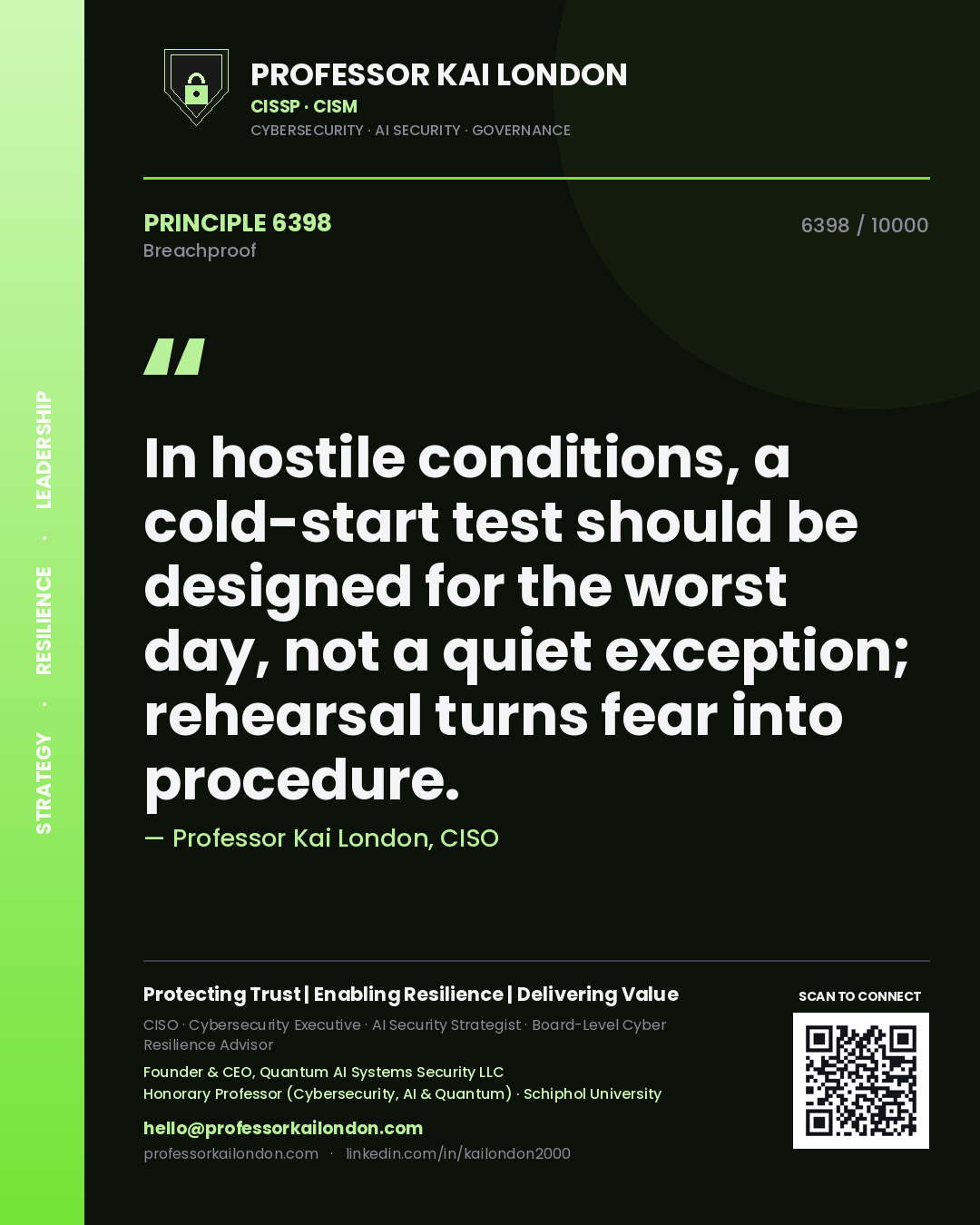 Quote card by Professor Kai London reading 'In hostile conditions, a cold-start test should be designed for the worst day, not a quiet exception; rehearsal turns fear into procedure.'. From the book Breachproof.