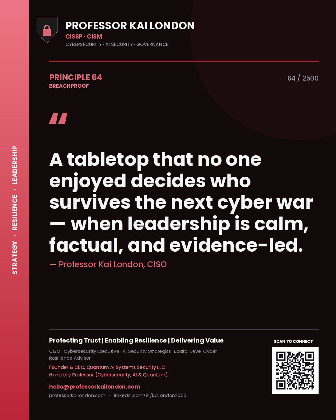 Professor Kai London principle 64: A tabletop that no one enjoyed decides who survives the next cyber war — when leadership is calm, factual, and evidence-led.