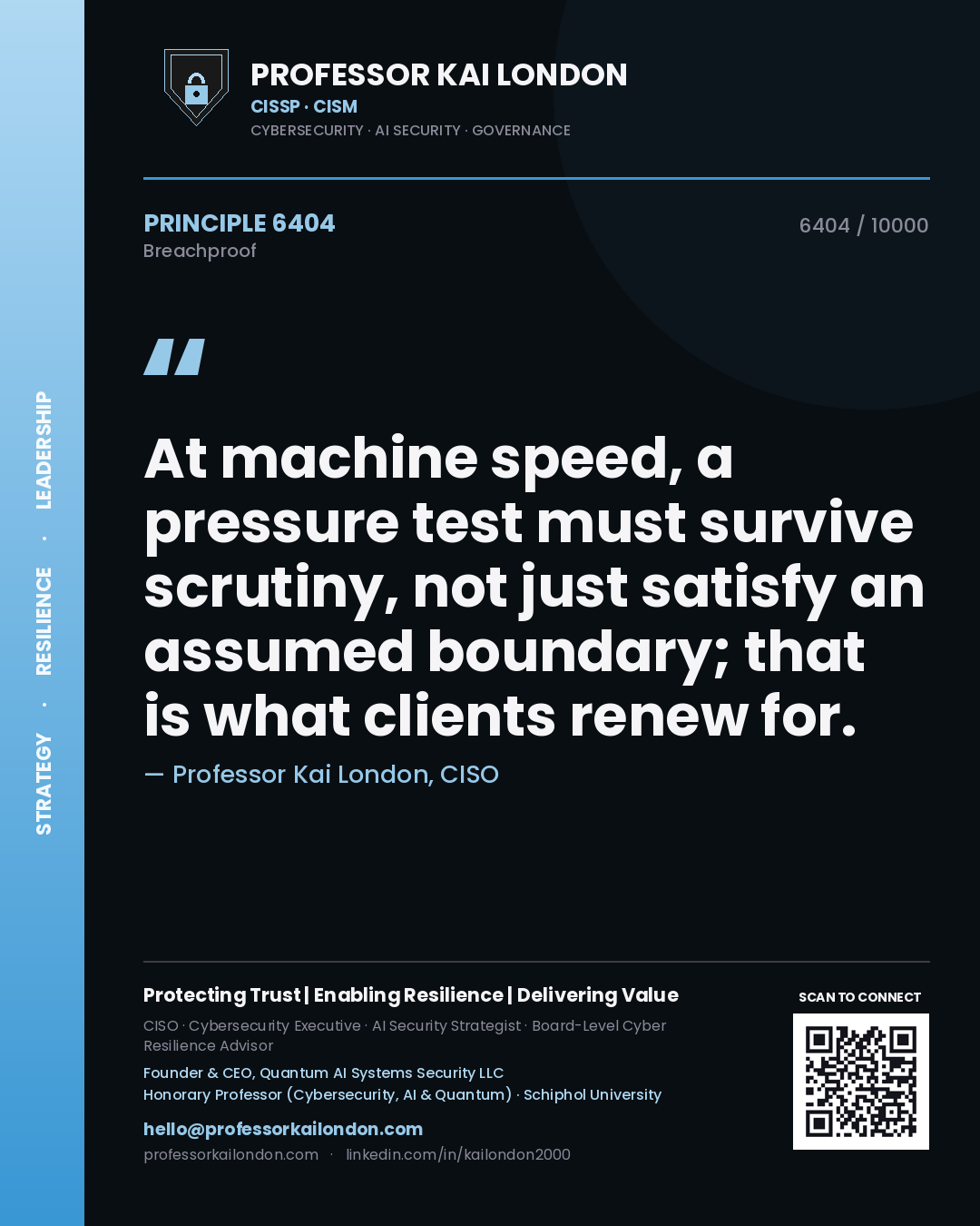 Quote card by Professor Kai London reading 'At machine speed, a pressure test must survive scrutiny, not just satisfy an assumed boundary; that is what clients renew for.'. From the book Breachproof.