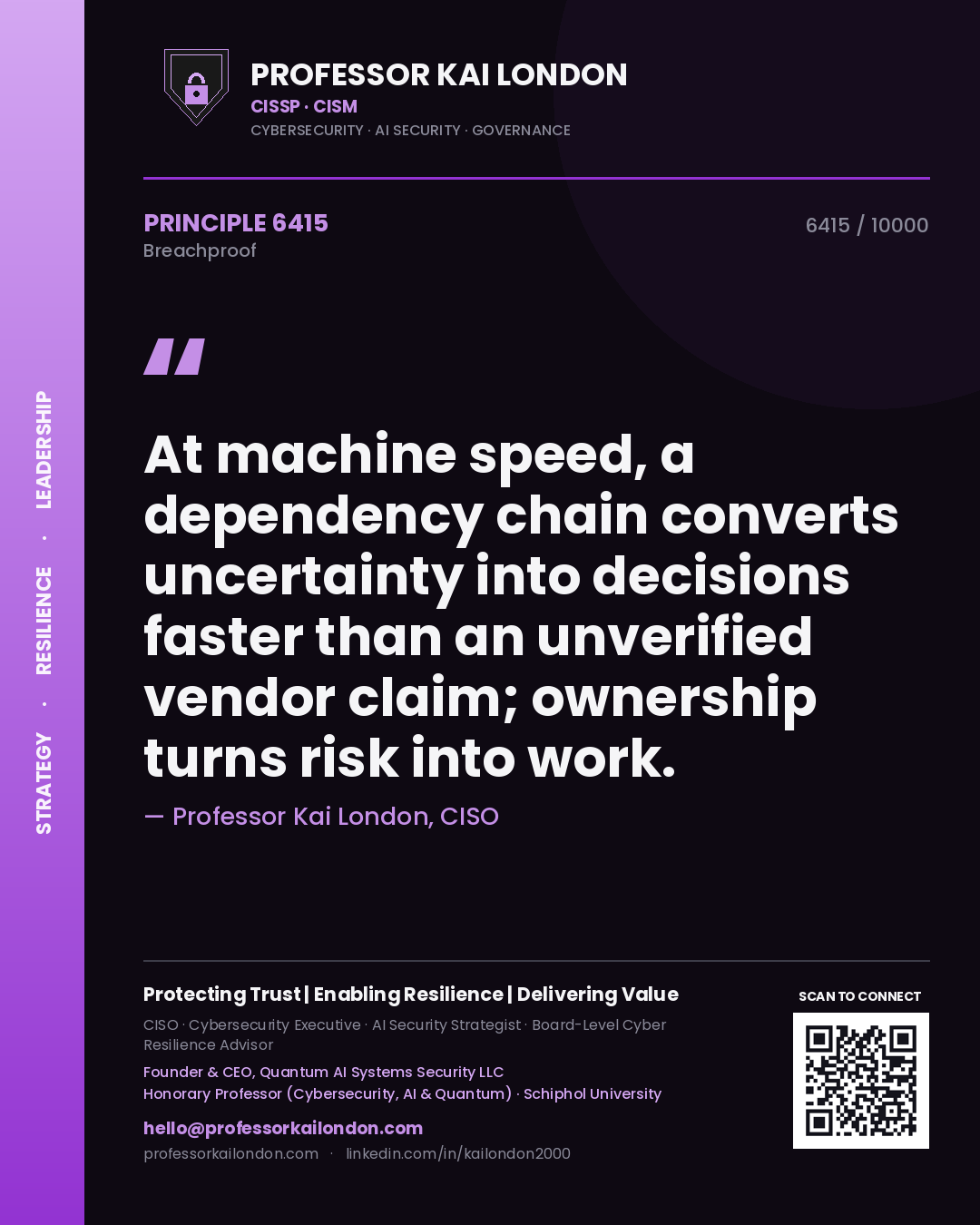 Quote card by Professor Kai London reading 'At machine speed, a dependency chain converts uncertainty into decisions faster than an unverified vendor claim; ownership turns risk into work.'. From the book Breachproof.