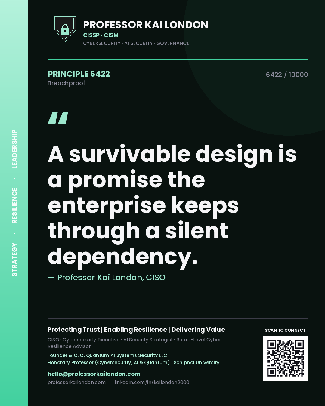 Quote card by Professor Kai London reading 'A survivable design is a promise the enterprise keeps through a silent dependency.'. From the book Breachproof.
