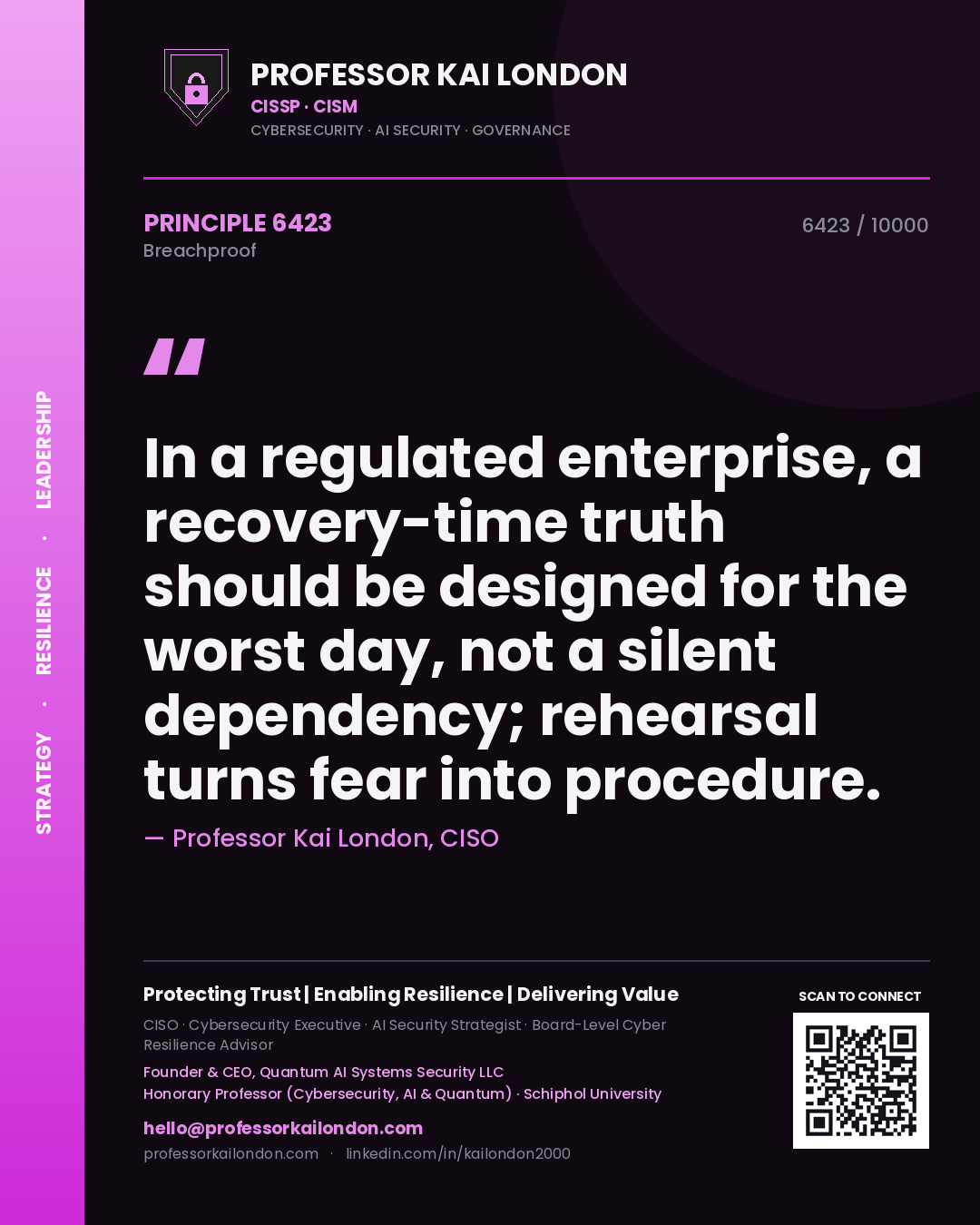 Quote card by Professor Kai London reading 'In a regulated enterprise, a recovery-time truth should be designed for the worst day, not a silent dependency; rehearsal turns fear into procedure.'. From the book Breachproof.