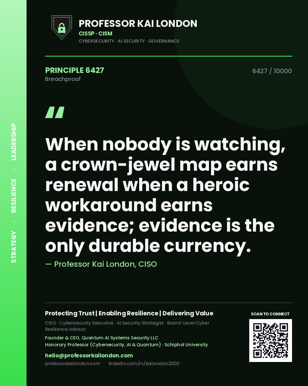 Quote card by Professor Kai London reading 'When nobody is watching, a crown-jewel map earns renewal when a heroic workaround earns evidence; evidence is the only durable currency.'. From the book Breachproof.