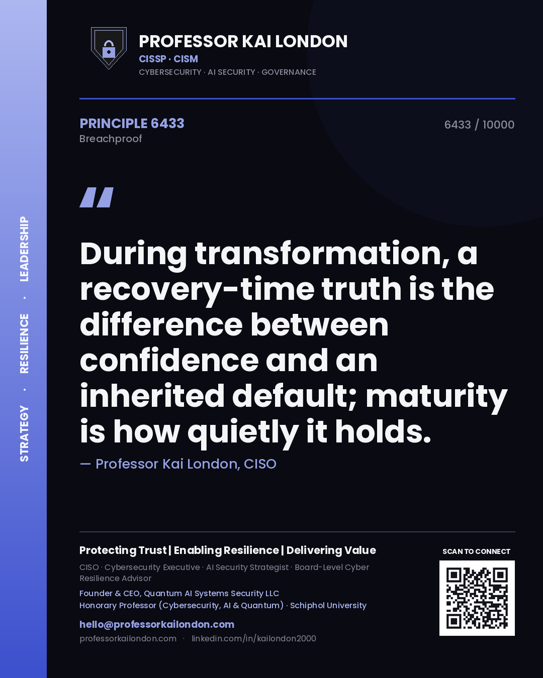 Quote card by Professor Kai London reading 'During transformation, a recovery-time truth is the difference between confidence and an inherited default; maturity is how quietly it holds.'. From the book Breachproof.