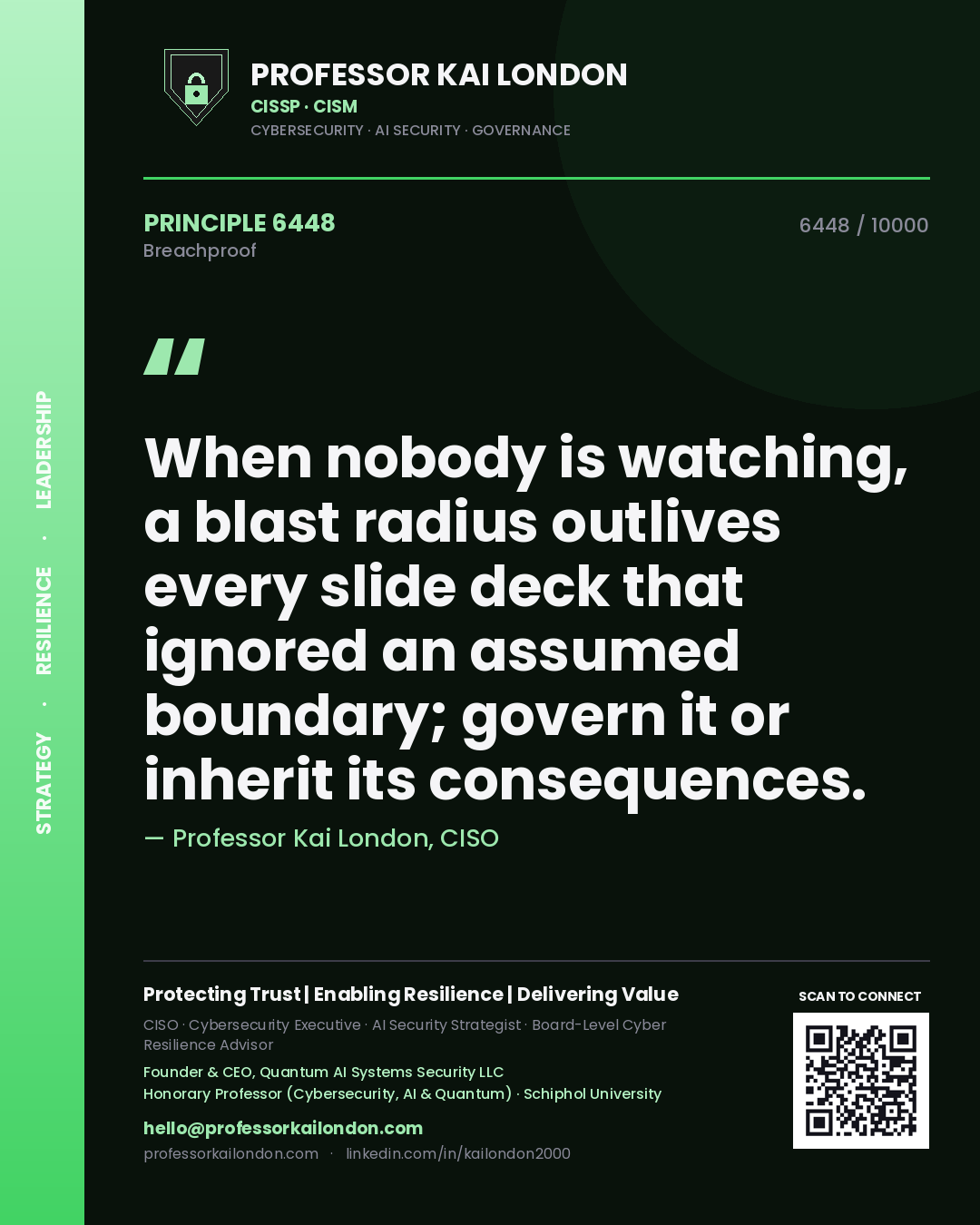 Quote card by Professor Kai London reading 'When nobody is watching, a blast radius outlives every slide deck that ignored an assumed boundary; govern it or inherit its consequences.'. From the book Breachproof.