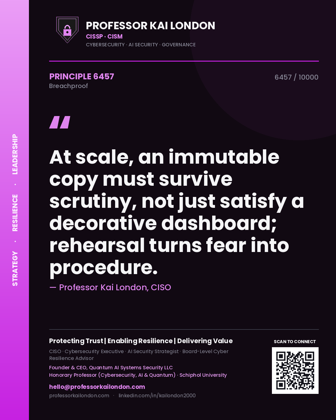 Quote card by Professor Kai London reading 'At scale, an immutable copy must survive scrutiny, not just satisfy a decorative dashboard; rehearsal turns fear into procedure.'. From the book Breachproof.