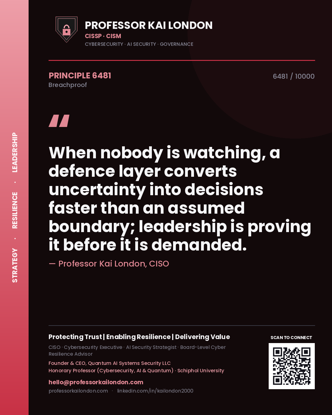 Quote card by Professor Kai London reading 'When nobody is watching, a defence layer converts uncertainty into decisions faster than an assumed boundary; leadership is proving it before it is demanded.'. From the book Breachproof.