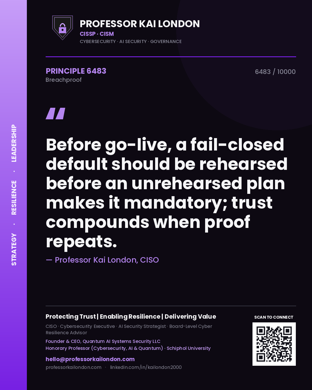 Professor Kai London principle 6483: Before go-live, a fail-closed default should be rehearsed before an unrehearsed plan makes it mandatory; trust compounds when proof repeats.