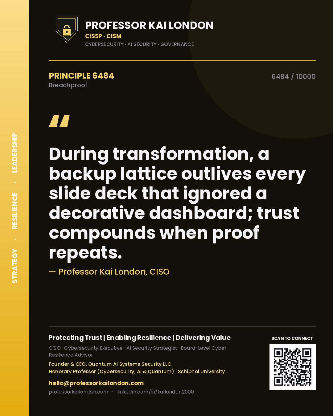 Professor Kai London principle 6484: During transformation, a backup lattice outlives every slide deck that ignored a decorative dashboard; trust compounds when proof repeats.
