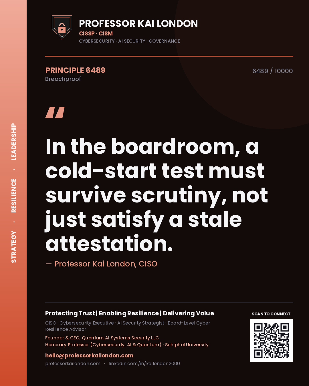 Professor Kai London principle 6489: In the boardroom, a cold-start test must survive scrutiny, not just satisfy a stale attestation.