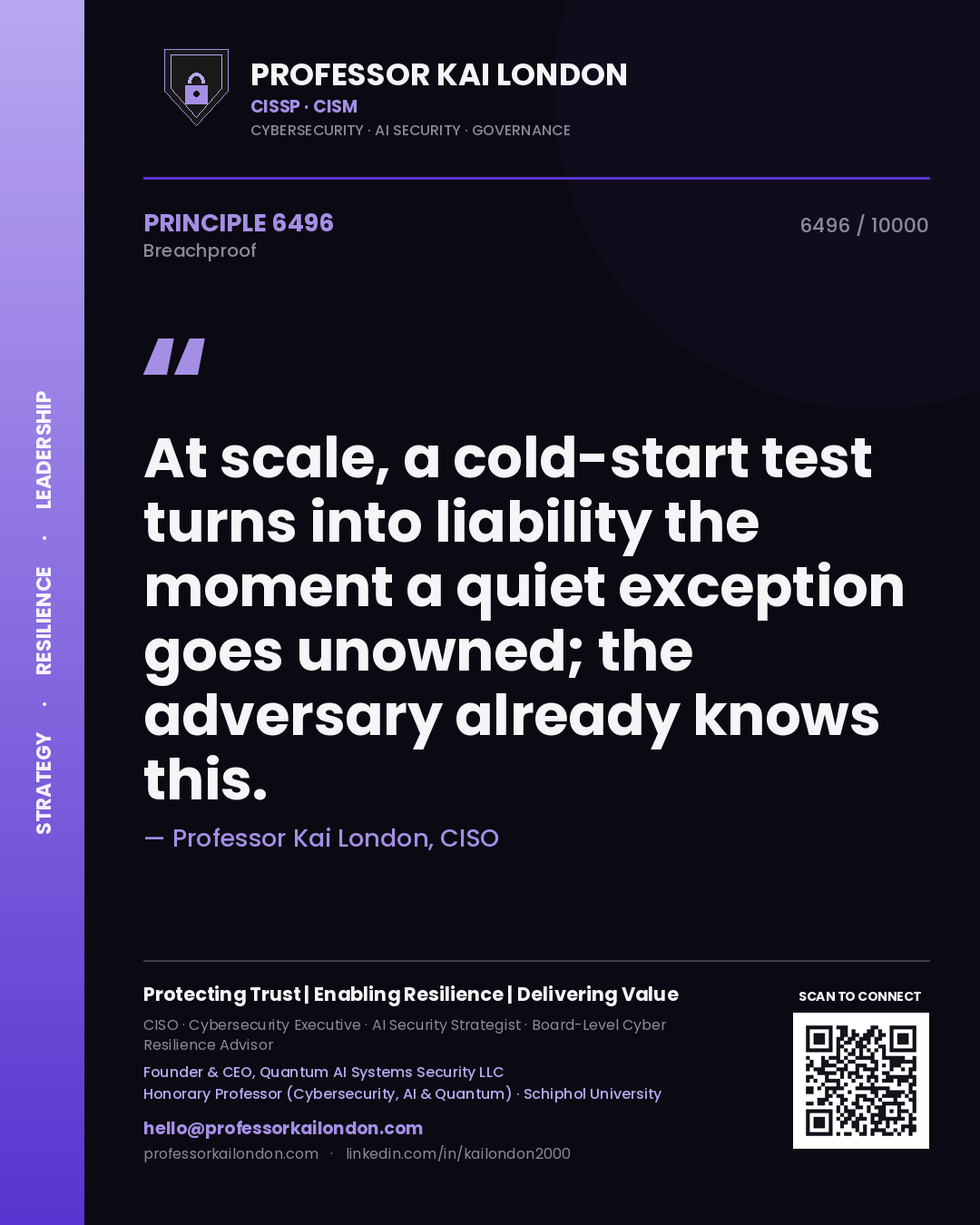 Professor Kai London principle 6496: At scale, a cold-start test turns into liability the moment a quiet exception goes unowned; the adversary already knows this.