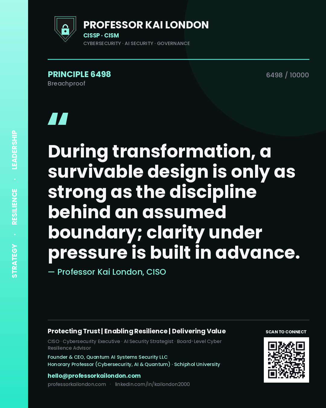 Quote card by Professor Kai London reading 'During transformation, a survivable design is only as strong as the discipline behind an assumed boundary; clarity under pressure is built in advance.'. From the book Breachproof.