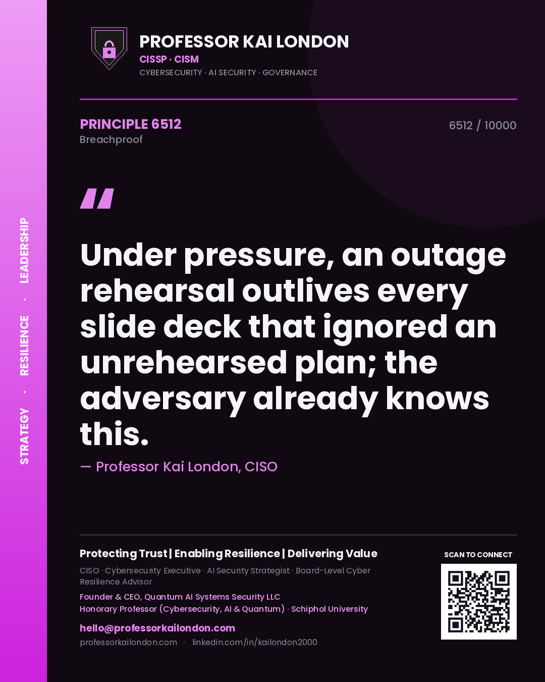 Quote card by Professor Kai London reading 'Under pressure, an outage rehearsal outlives every slide deck that ignored an unrehearsed plan; the adversary already knows this.'. From the book Breachproof.