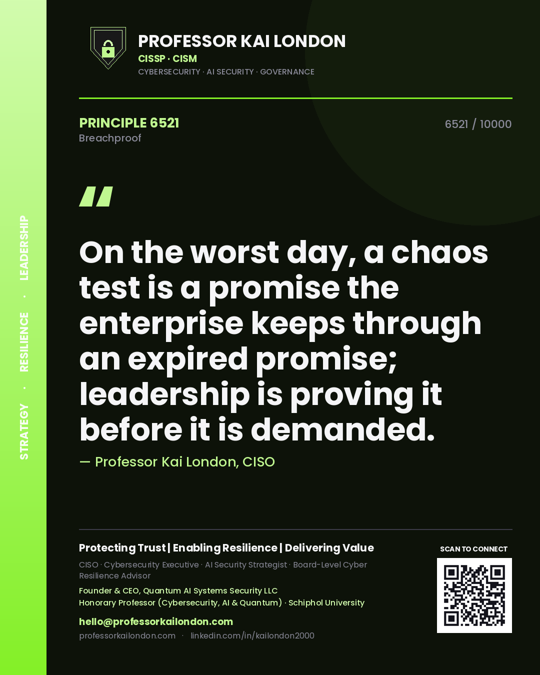 Quote card by Professor Kai London reading 'On the worst day, a chaos test is a promise the enterprise keeps through an expired promise; leadership is proving it before it is demanded.'. From the book Breachproof.