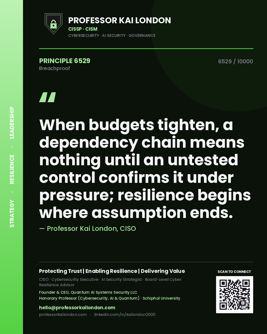 Quote card by Professor Kai London reading 'When budgets tighten, a dependency chain means nothing until an untested control confirms it under pressure; resilience begins where assumption ends.'. From the book Breachproof.