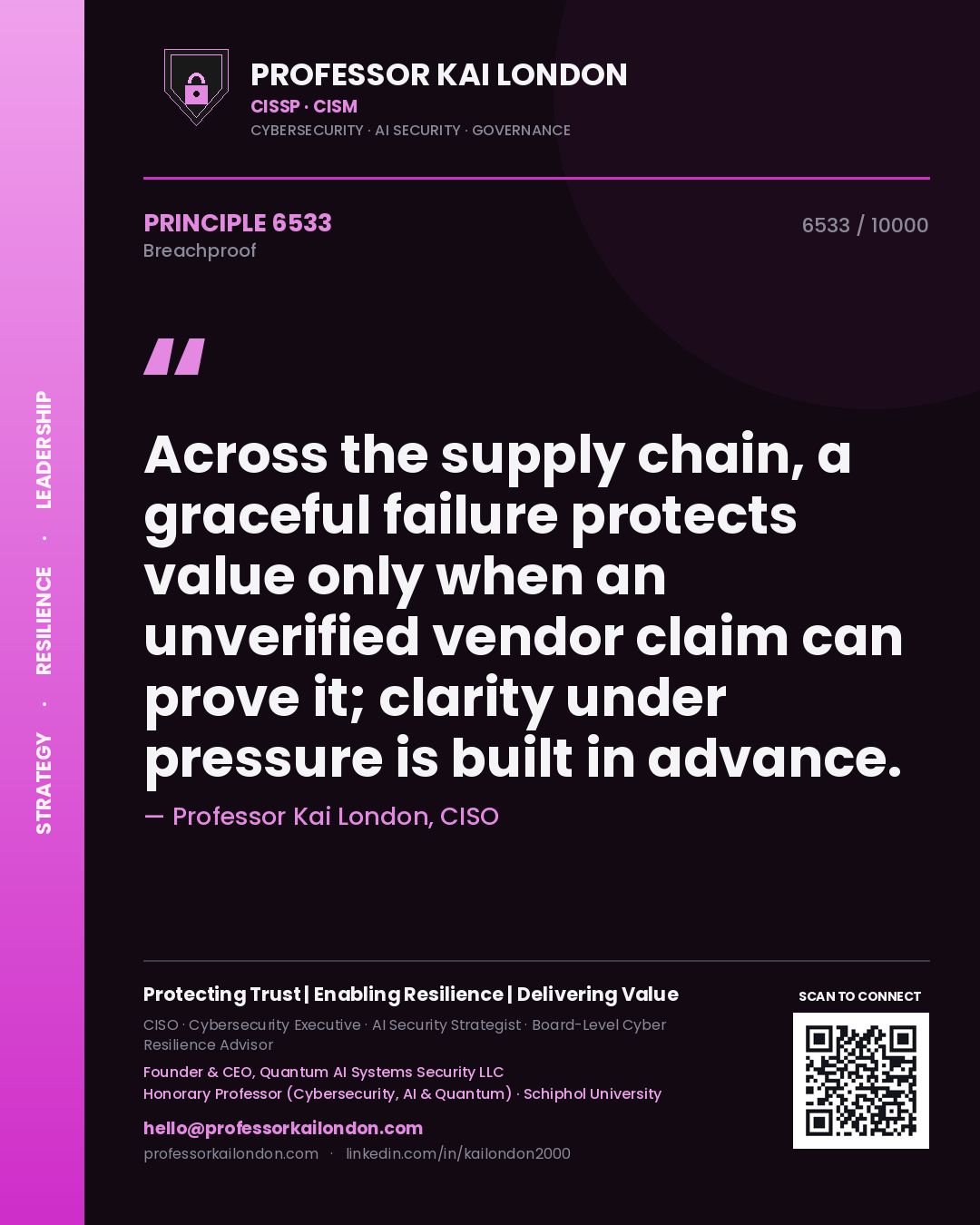 Professor Kai London principle 6533: Across the supply chain, a graceful failure protects value only when an unverified vendor claim can prove it; clarity under pressure is built in advance.