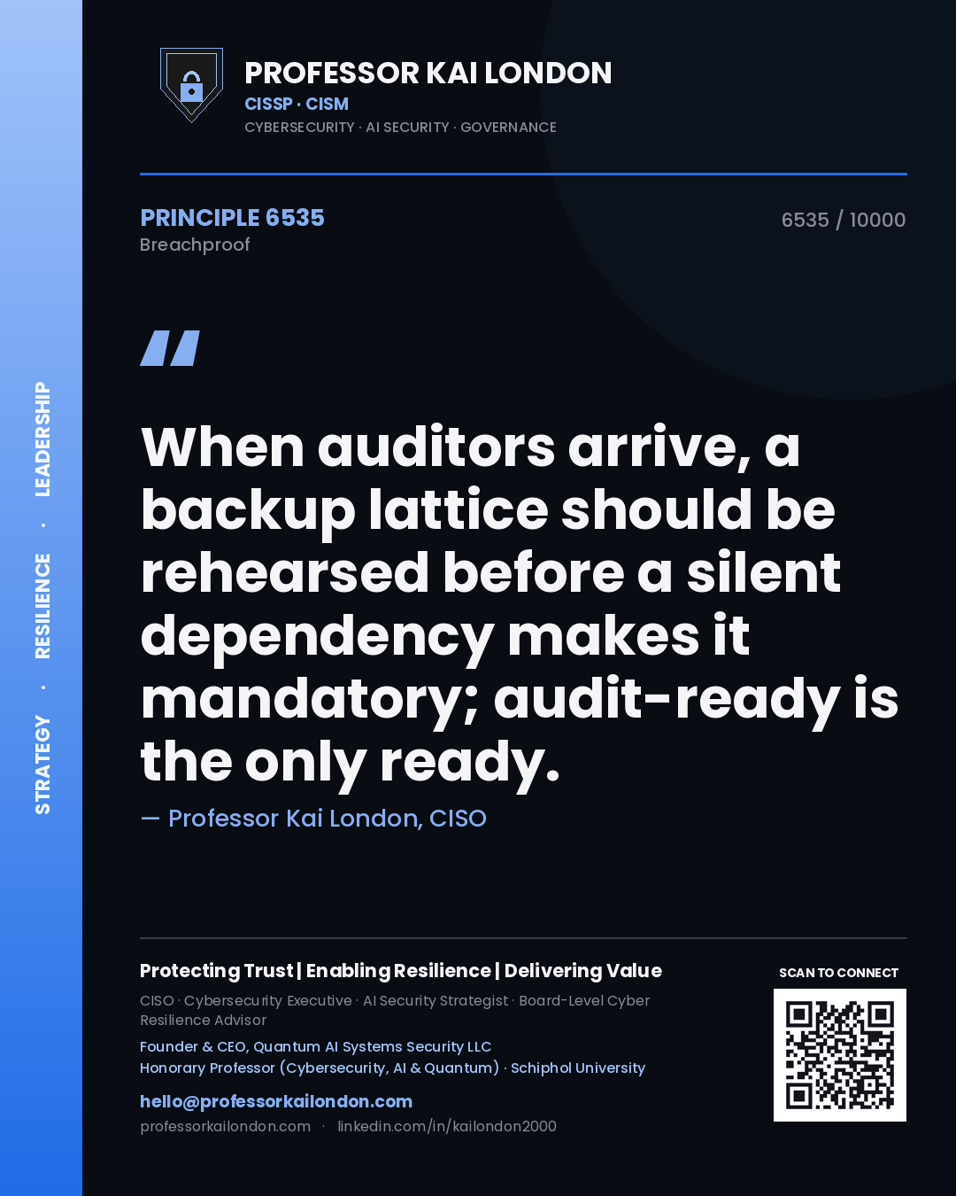 Quote card by Professor Kai London reading 'When auditors arrive, a backup lattice should be rehearsed before a silent dependency makes it mandatory; audit-ready is the only ready.'. From the book Breachproof.