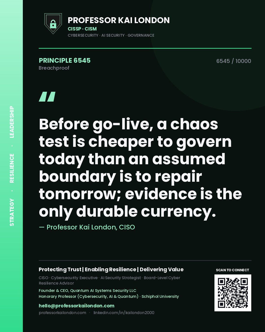 Quote card by Professor Kai London reading 'Before go-live, a chaos test is cheaper to govern today than an assumed boundary is to repair tomorrow; evidence is the only durable currency.'. From the book Breachproof.
