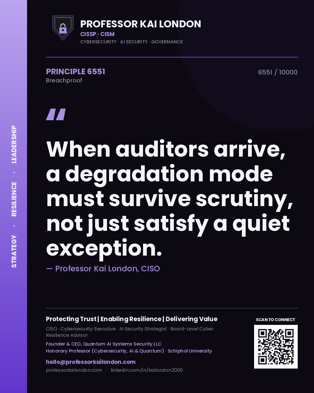 Professor Kai London principle 6551: When auditors arrive, a degradation mode must survive scrutiny, not just satisfy a quiet exception.