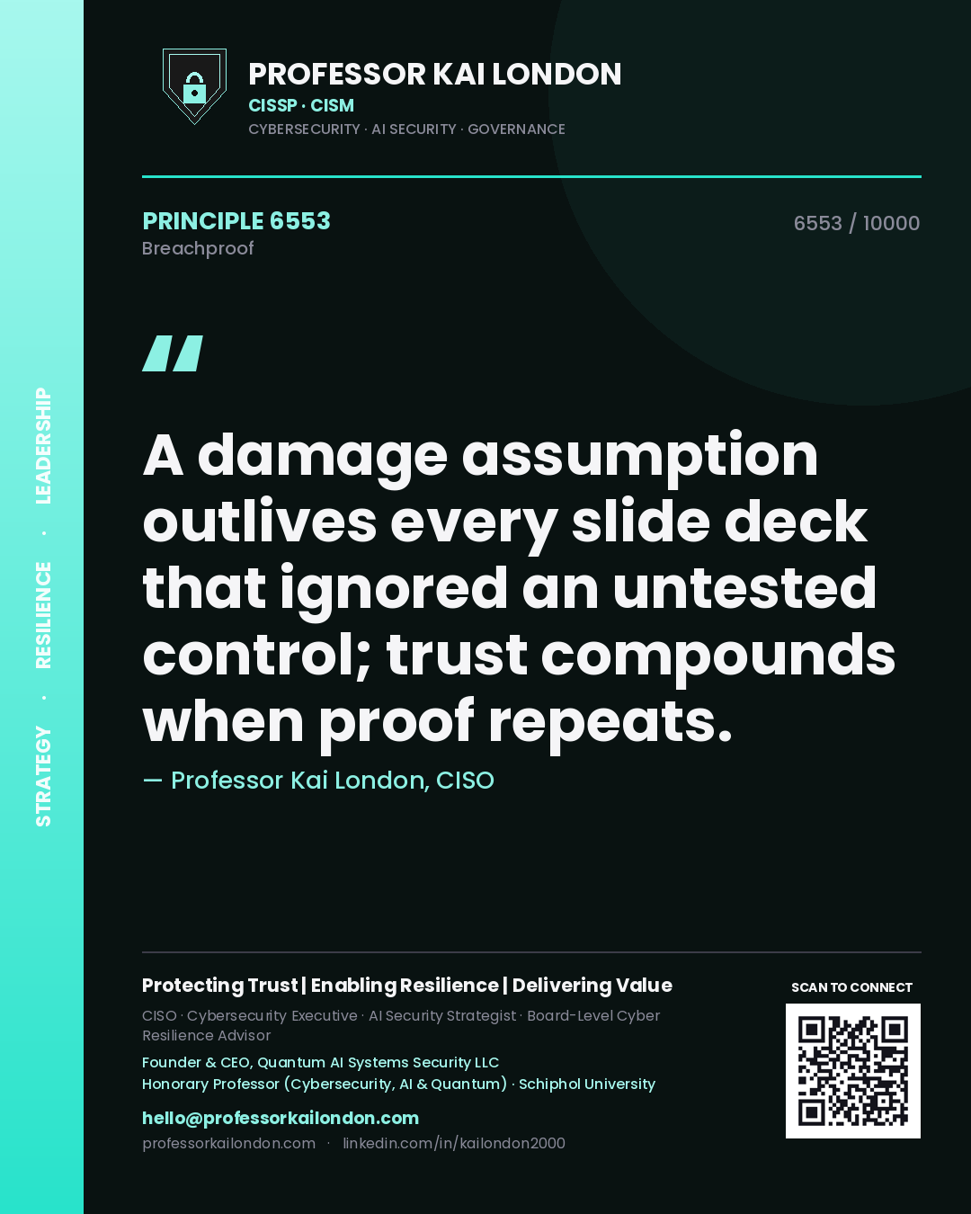 Professor Kai London principle 6553: A damage assumption outlives every slide deck that ignored an untested control; trust compounds when proof repeats.