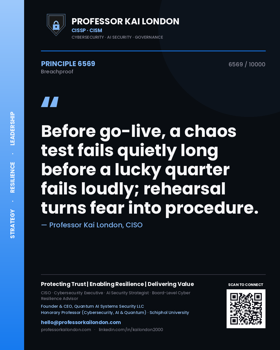 Quote card by Professor Kai London reading 'Before go-live, a chaos test fails quietly long before a lucky quarter fails loudly; rehearsal turns fear into procedure.'. From the book Breachproof.