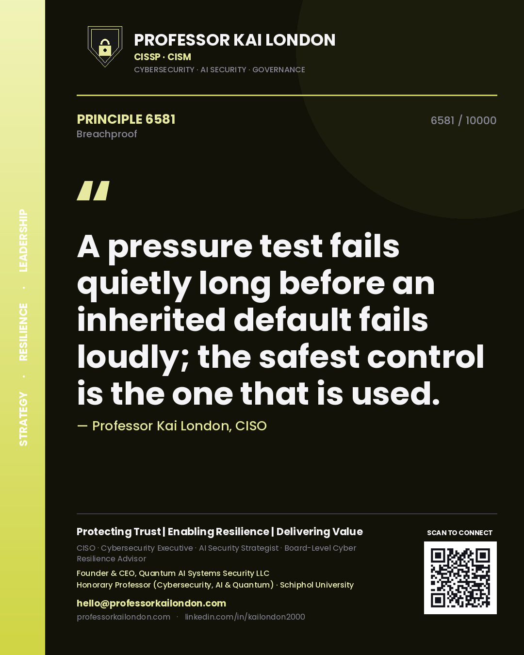 Quote card by Professor Kai London reading 'A pressure test fails quietly long before an inherited default fails loudly; the safest control is the one that is used.'. From the book Breachproof.