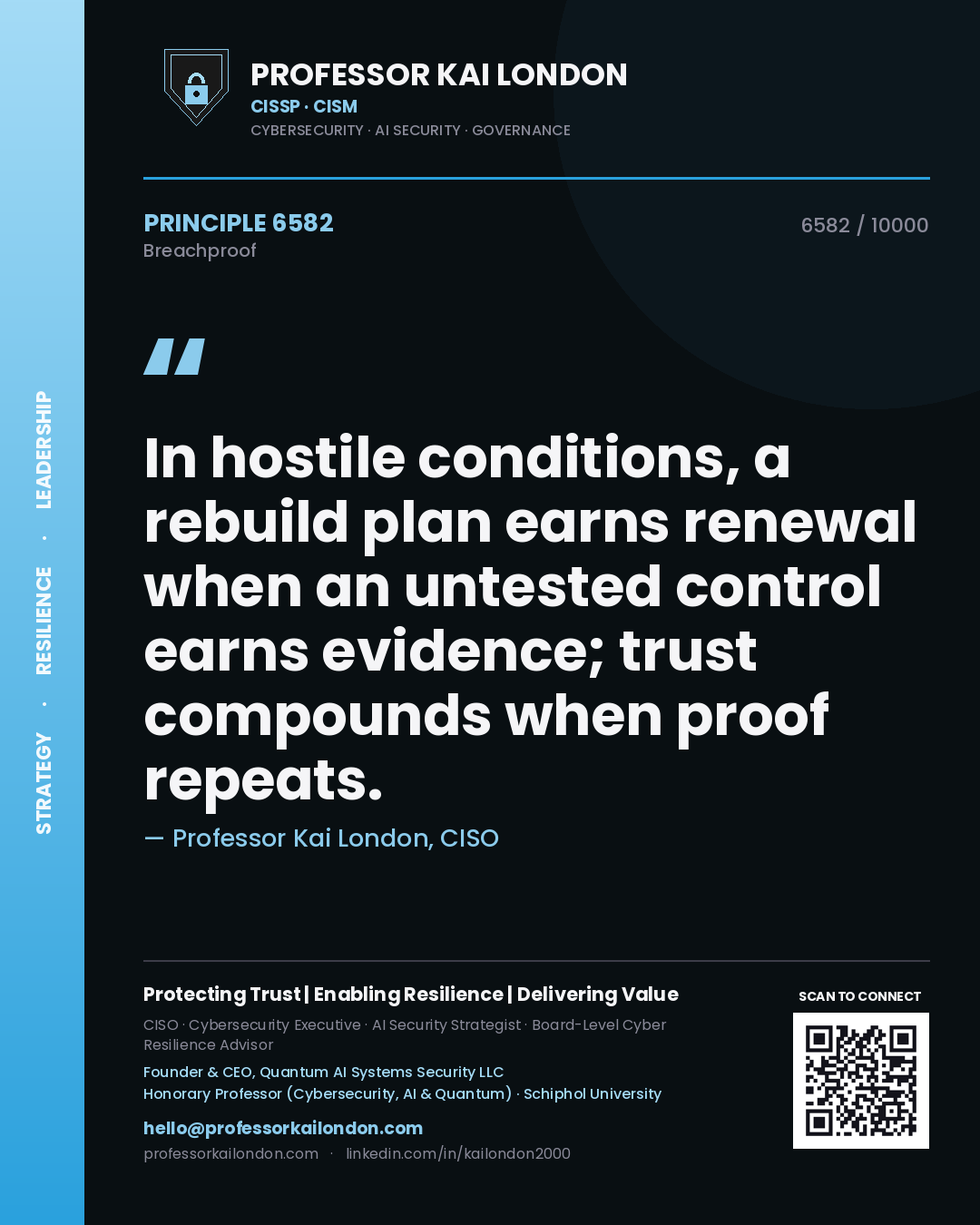 Quote card by Professor Kai London reading 'In hostile conditions, a rebuild plan earns renewal when an untested control earns evidence; trust compounds when proof repeats.'. From the book Breachproof.