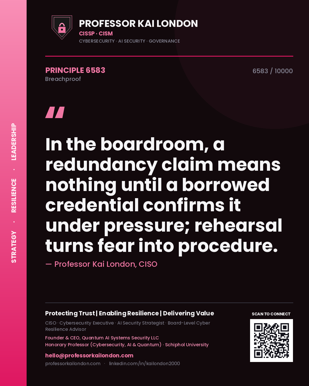 Quote card by Professor Kai London reading 'In the boardroom, a redundancy claim means nothing until a borrowed credential confirms it under pressure; rehearsal turns fear into procedure.'. From the book Breachproof.