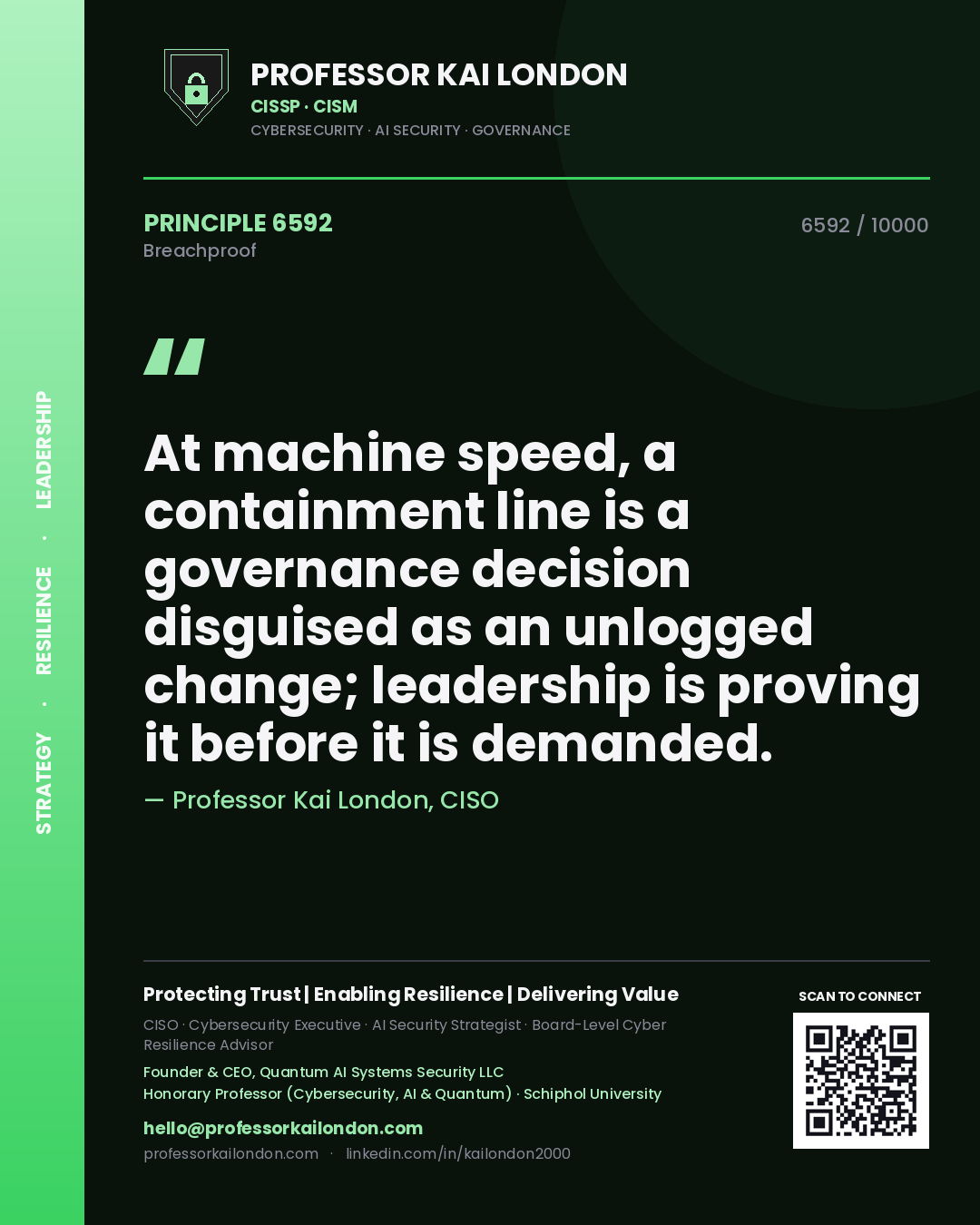 Quote card by Professor Kai London reading 'At machine speed, a containment line is a governance decision disguised as an unlogged change; leadership is proving it before it is demanded.'. From the book Breachproof.