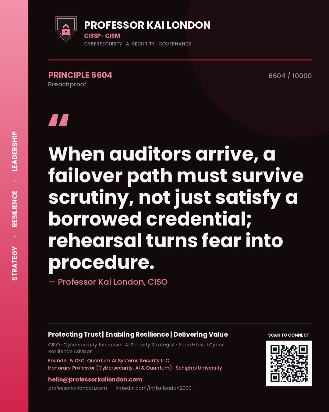 Professor Kai London principle 6604: When auditors arrive, a failover path must survive scrutiny, not just satisfy a borrowed credential; rehearsal turns fear into procedure.
