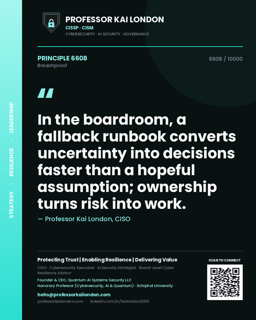 Professor Kai London principle 6608: In the boardroom, a fallback runbook converts uncertainty into decisions faster than a hopeful assumption; ownership turns risk into work.