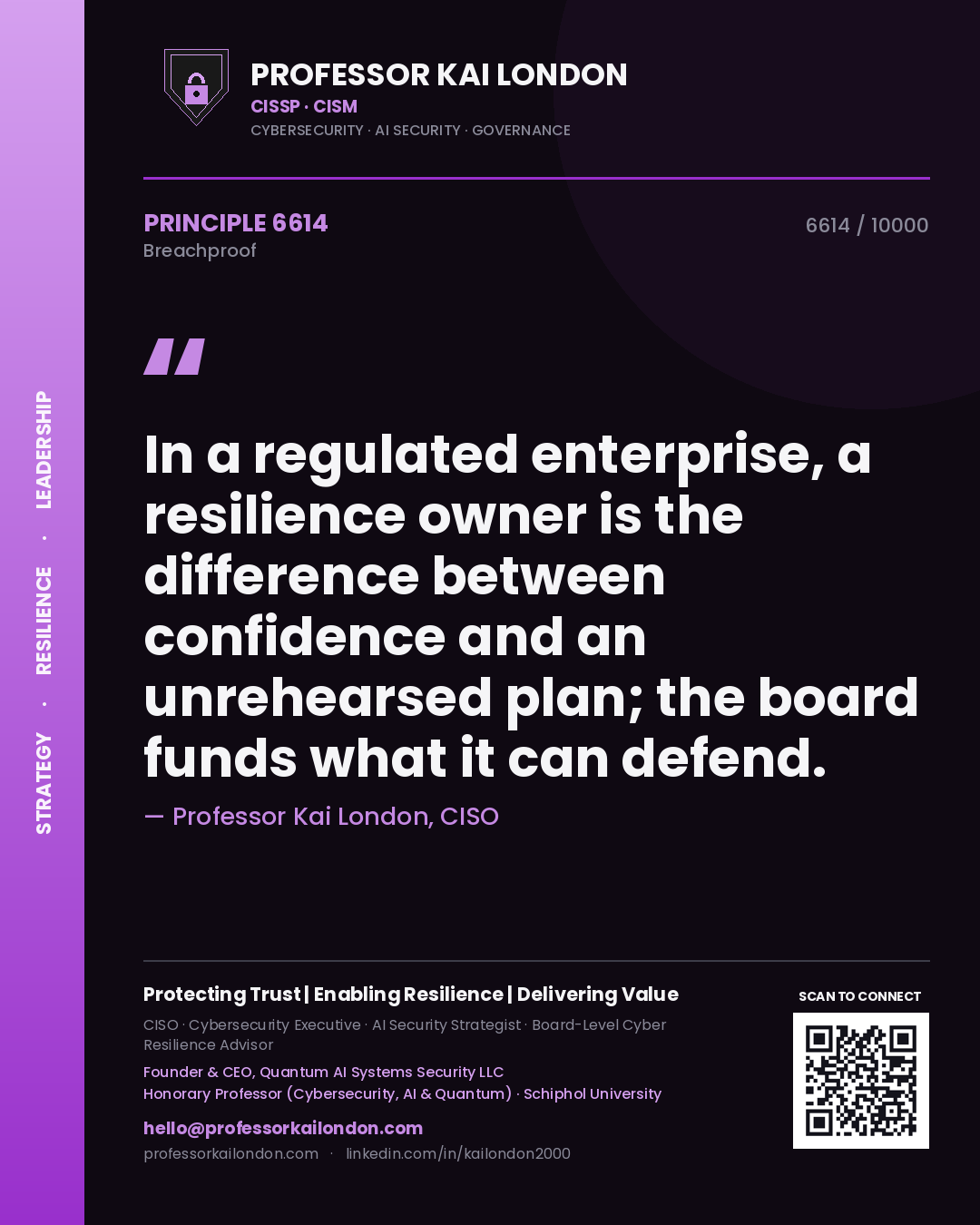 Professor Kai London principle 6614: In a regulated enterprise, a resilience owner is the difference between confidence and an unrehearsed plan; the board funds what it can defend.