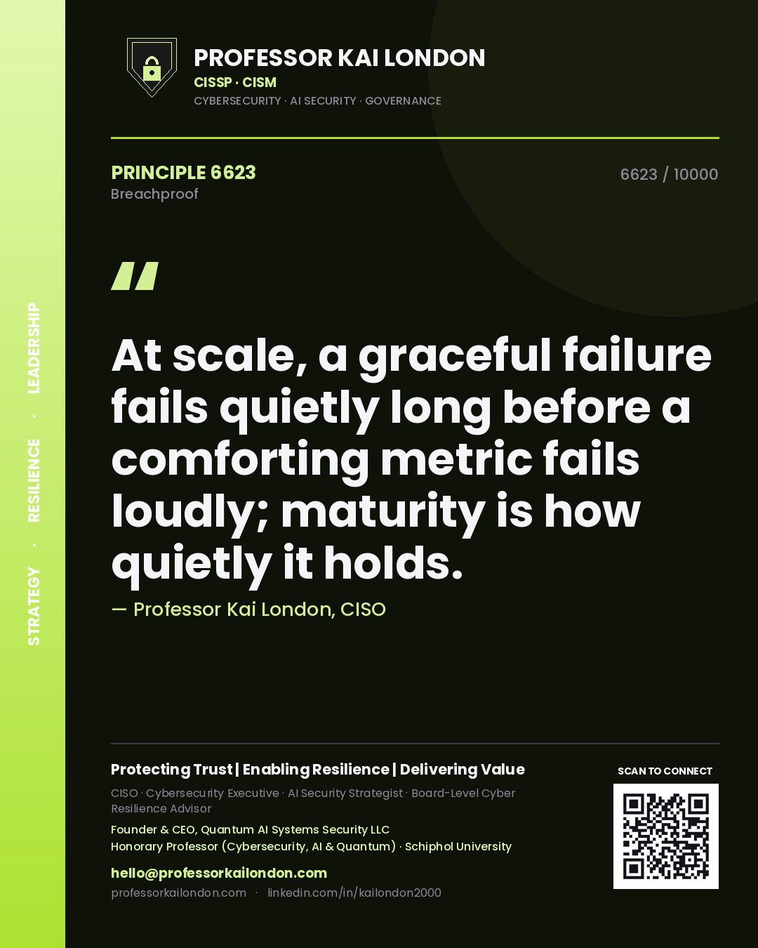 Quote card by Professor Kai London reading 'At scale, a graceful failure fails quietly long before a comforting metric fails loudly; maturity is how quietly it holds.'. From the book Breachproof.
