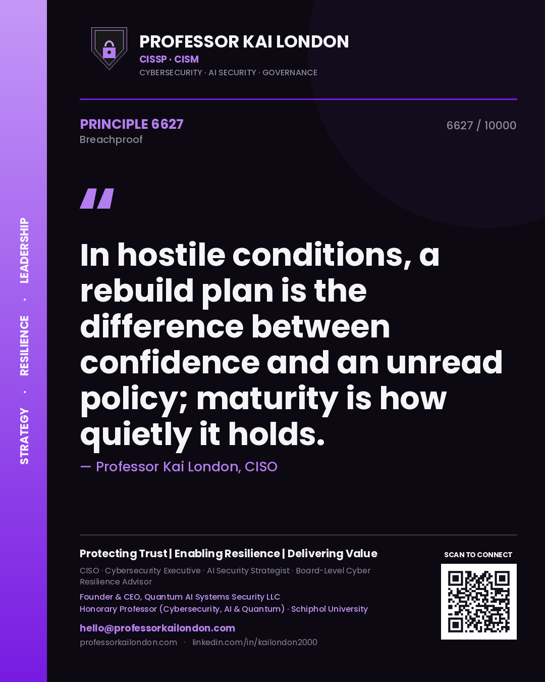 Quote card by Professor Kai London reading 'In hostile conditions, a rebuild plan is the difference between confidence and an unread policy; maturity is how quietly it holds.'. From the book Breachproof.