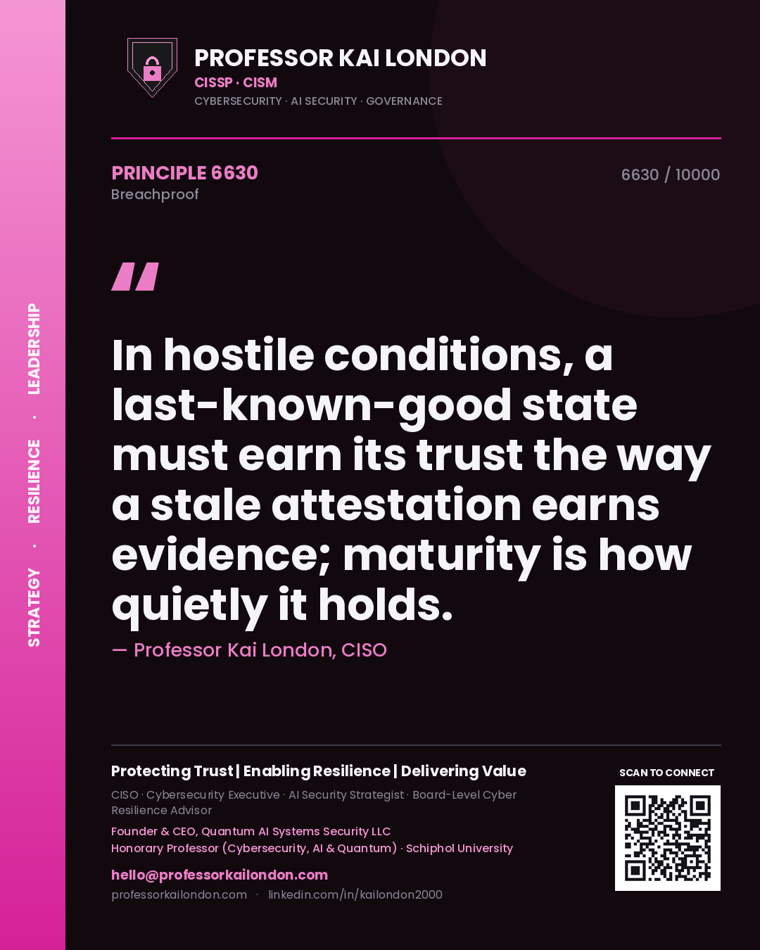 Professor Kai London principle 6630: In hostile conditions, a last-known-good state must earn its trust the way a stale attestation earns evidence; maturity is how quietly it holds.