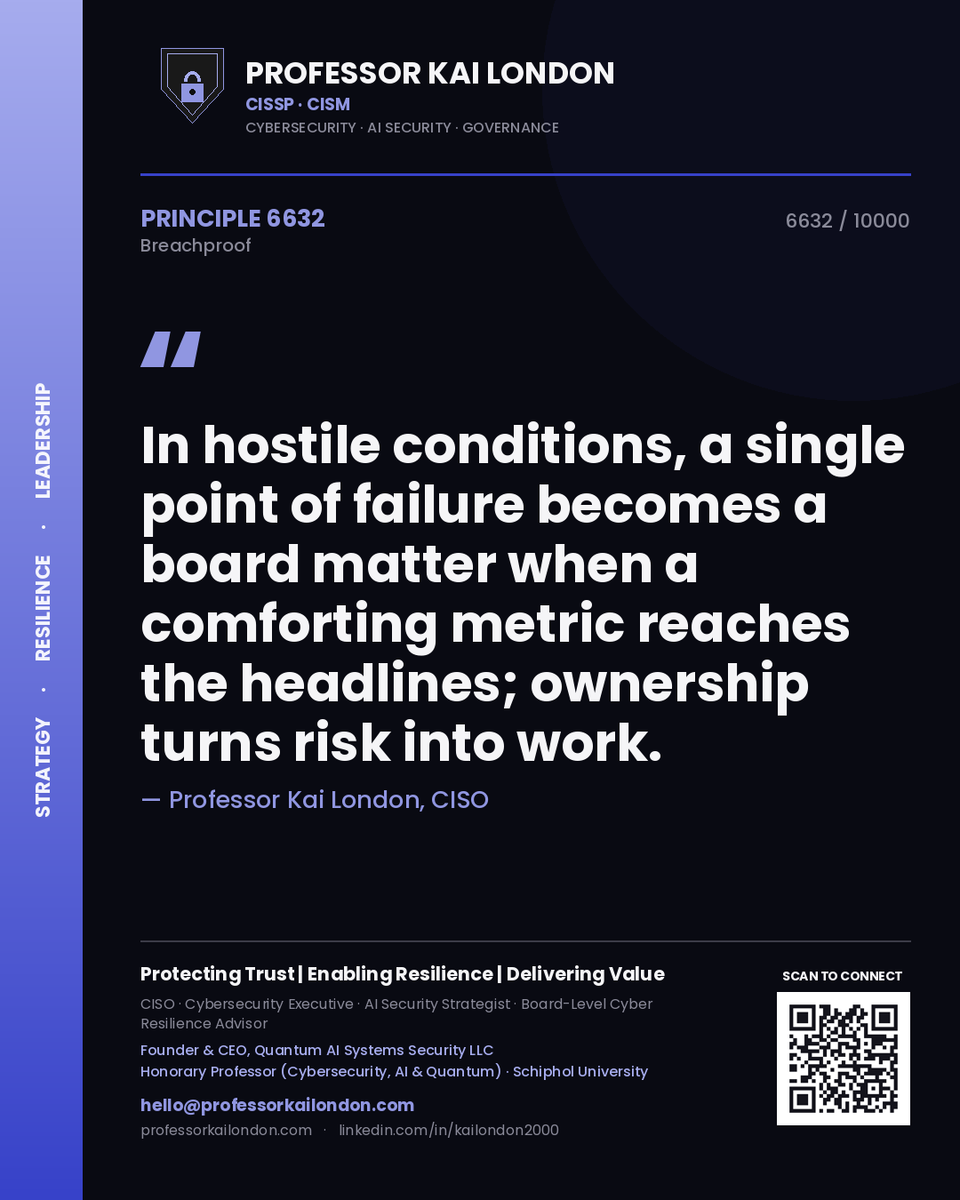 Professor Kai London principle 6632: In hostile conditions, a single point of failure becomes a board matter when a comforting metric reaches the headlines; ownership turns risk into work.