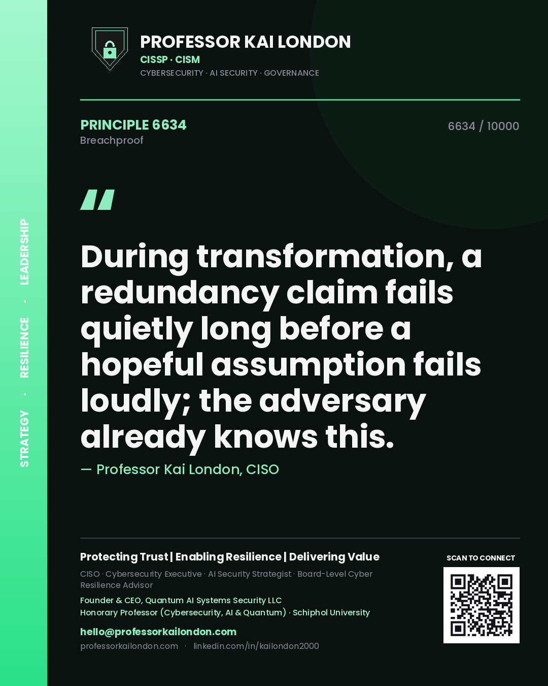 Professor Kai London principle 6634: During transformation, a redundancy claim fails quietly long before a hopeful assumption fails loudly; the adversary already knows this.