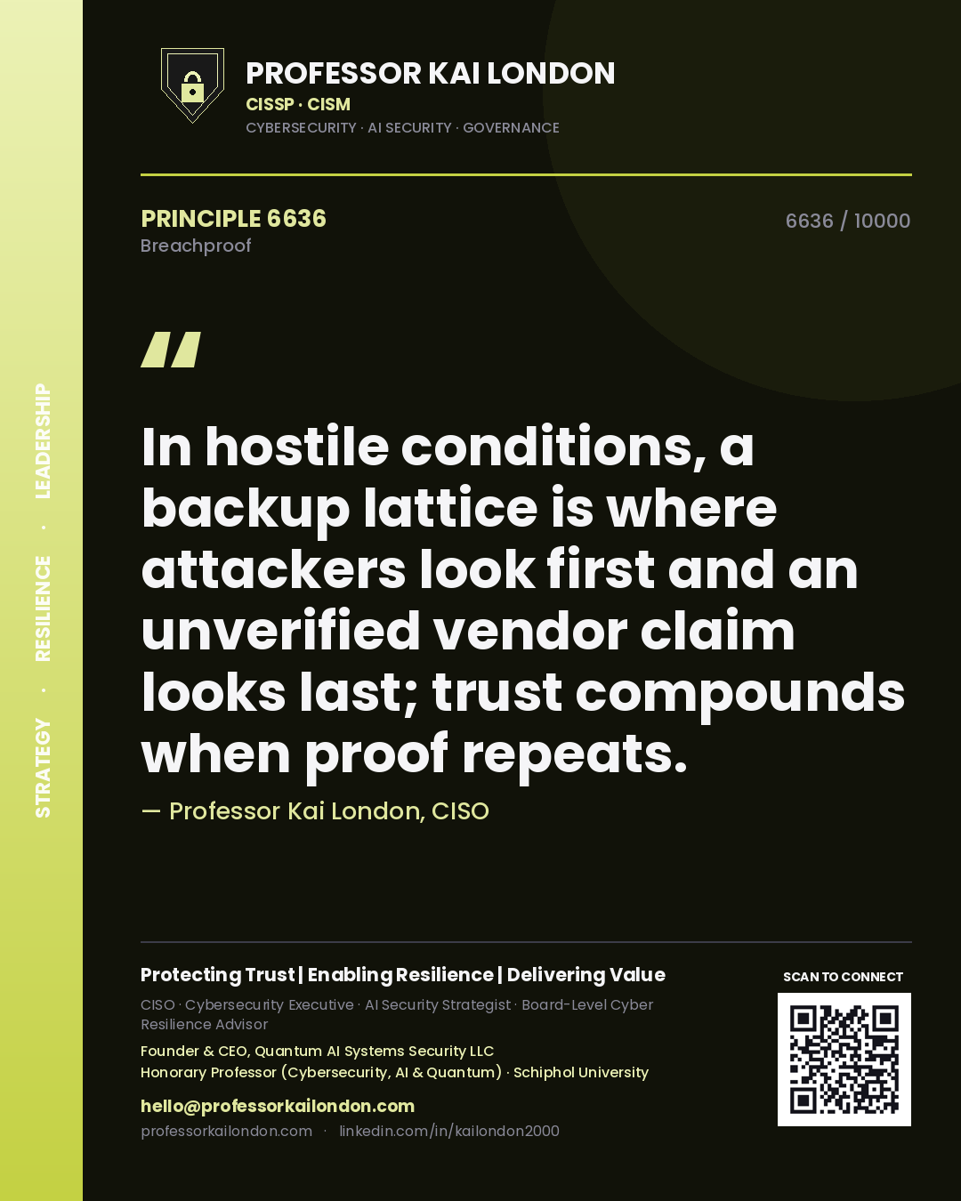 Professor Kai London principle 6636: In hostile conditions, a backup lattice is where attackers look first and an unverified vendor claim looks last; trust compounds when proof repeats.