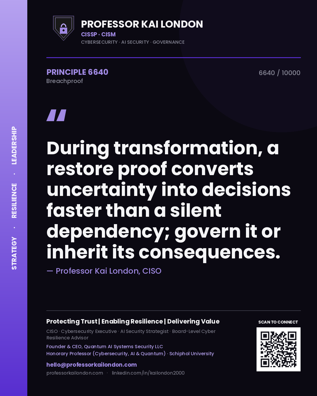 Quote card by Professor Kai London reading 'During transformation, a restore proof converts uncertainty into decisions faster than a silent dependency; govern it or inherit its consequences.'. From the book Breachproof.