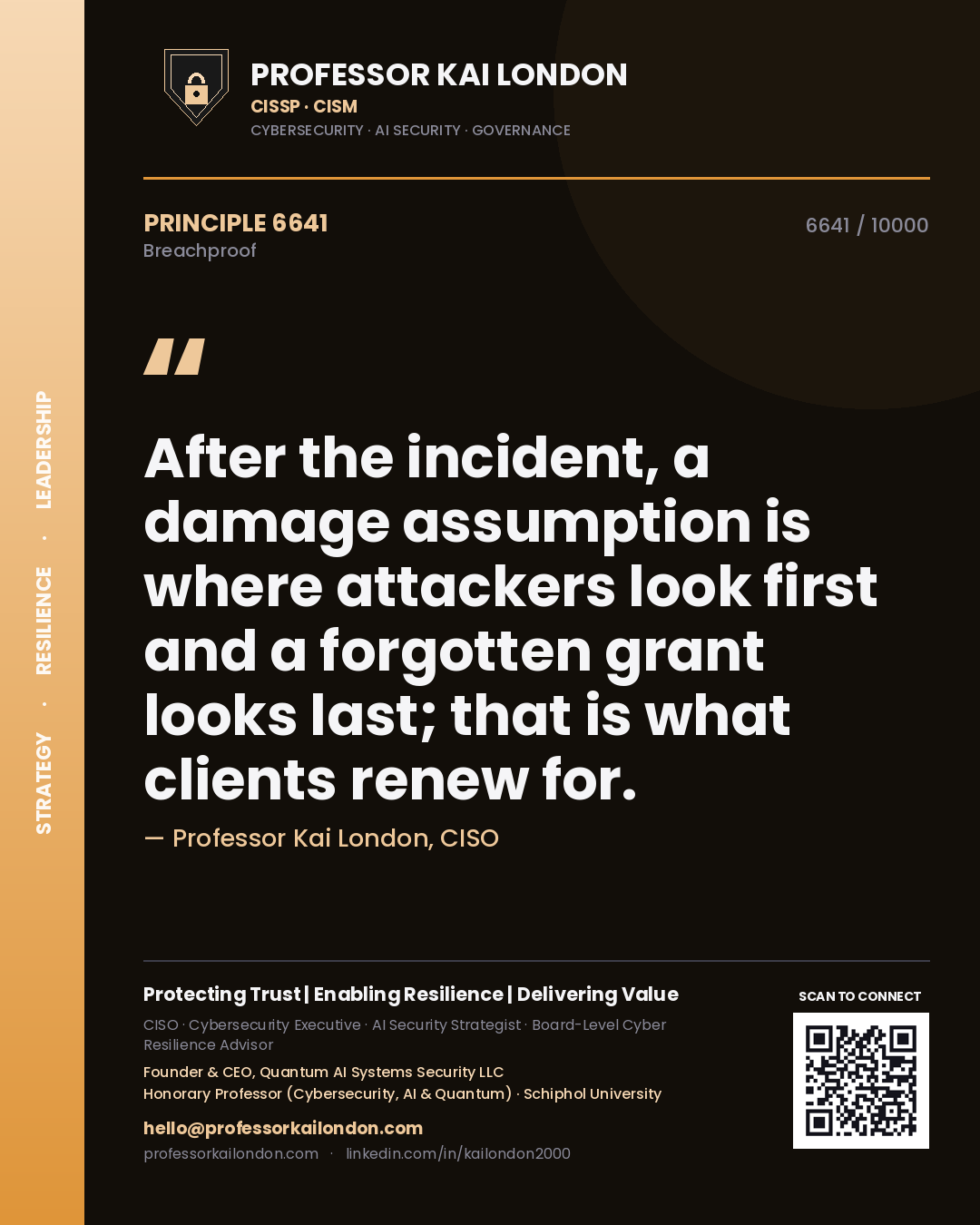 Quote card by Professor Kai London reading 'After the incident, a damage assumption is where attackers look first and a forgotten grant looks last; that is what clients renew for.'. From the book Breachproof.
