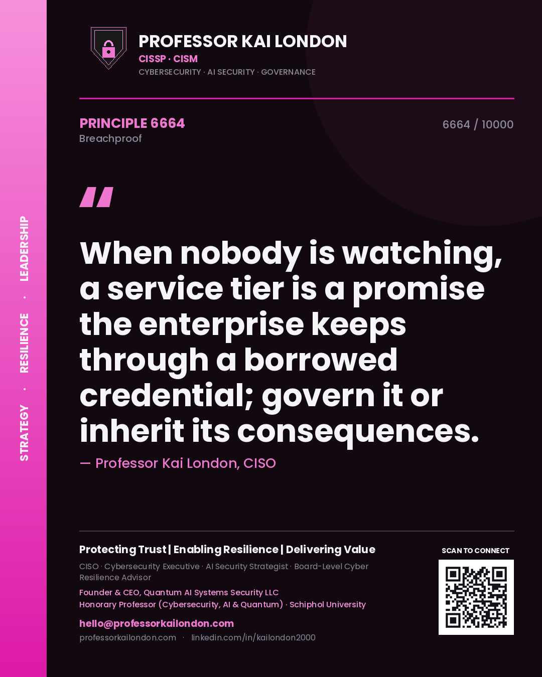 Professor Kai London principle 6664: When nobody is watching, a service tier is a promise the enterprise keeps through a borrowed credential; govern it or inherit its consequences.