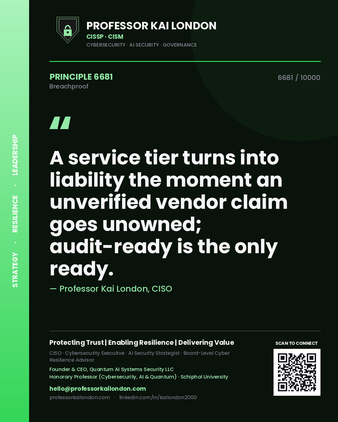 Professor Kai London principle 6681: A service tier turns into liability the moment an unverified vendor claim goes unowned; audit-ready is the only ready.