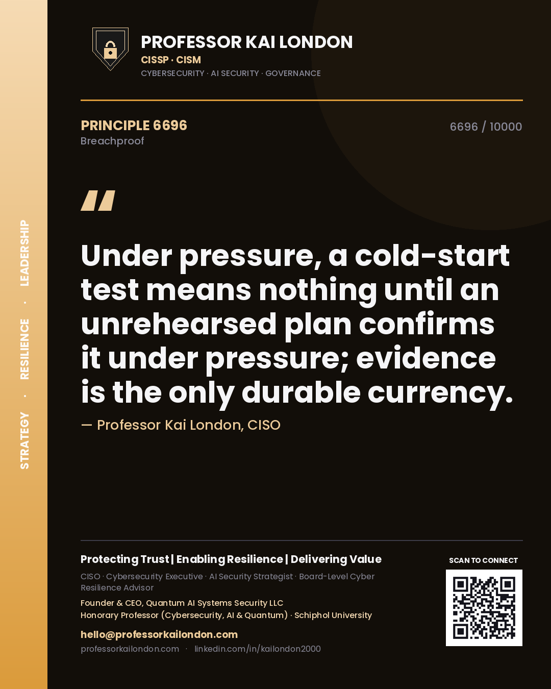 Quote card by Professor Kai London reading 'Under pressure, a cold-start test means nothing until an unrehearsed plan confirms it under pressure; evidence is the only durable currency.'. From the book Breachproof.